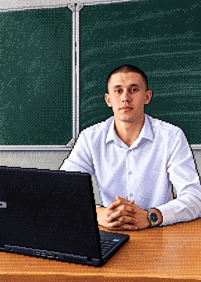 Максим за столом с ноутбуком у доски в классе